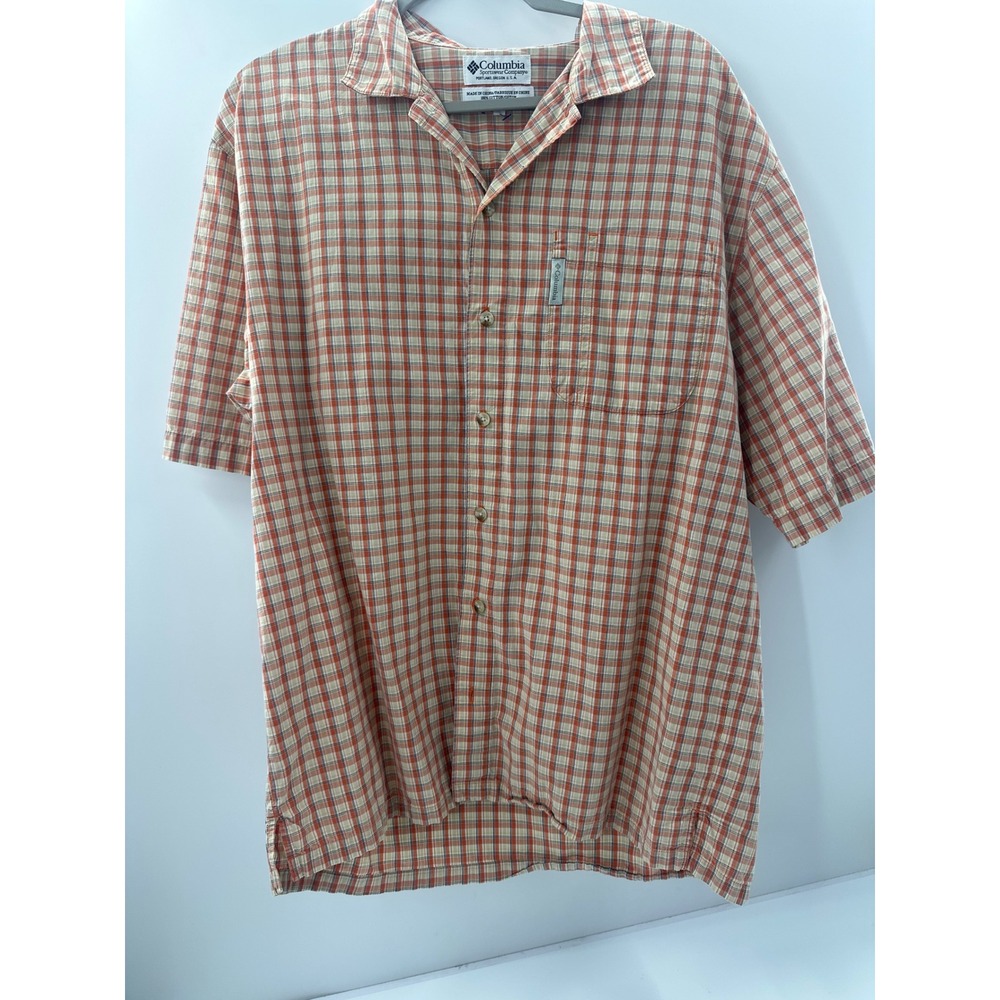 Columbia Mens Orange Plaid Short Sleeve Cotton Button Down Camp Shirt‎ Size M